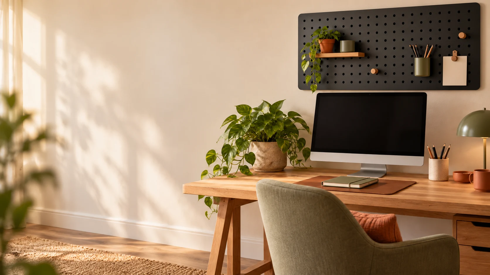 AI-styled home office concept with a black pegboard